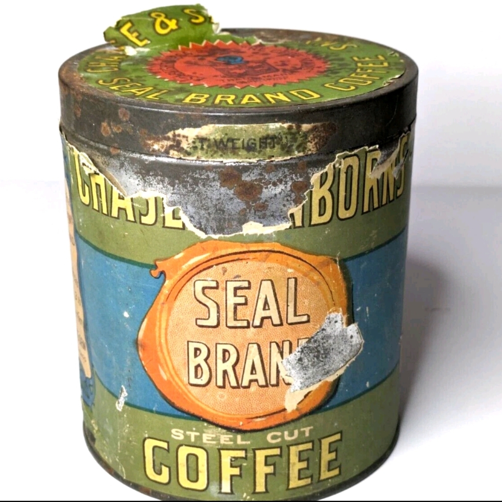 Antique 1902 Paper Label Chase & Sanborn Seal Brand Coffee Tin can (Empty)